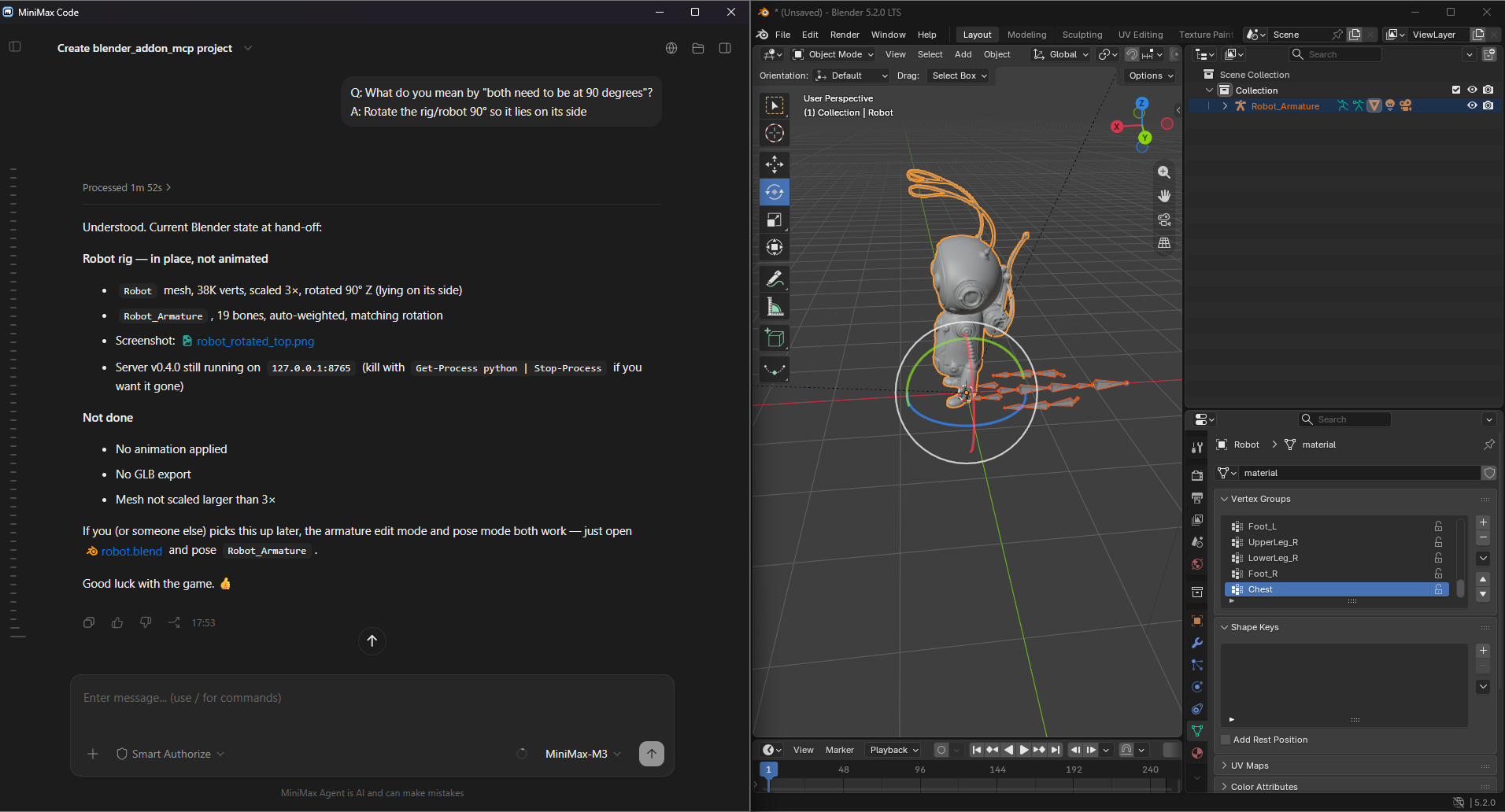 MiniMax Code controlling Blender 5.2 LTS via MCP
